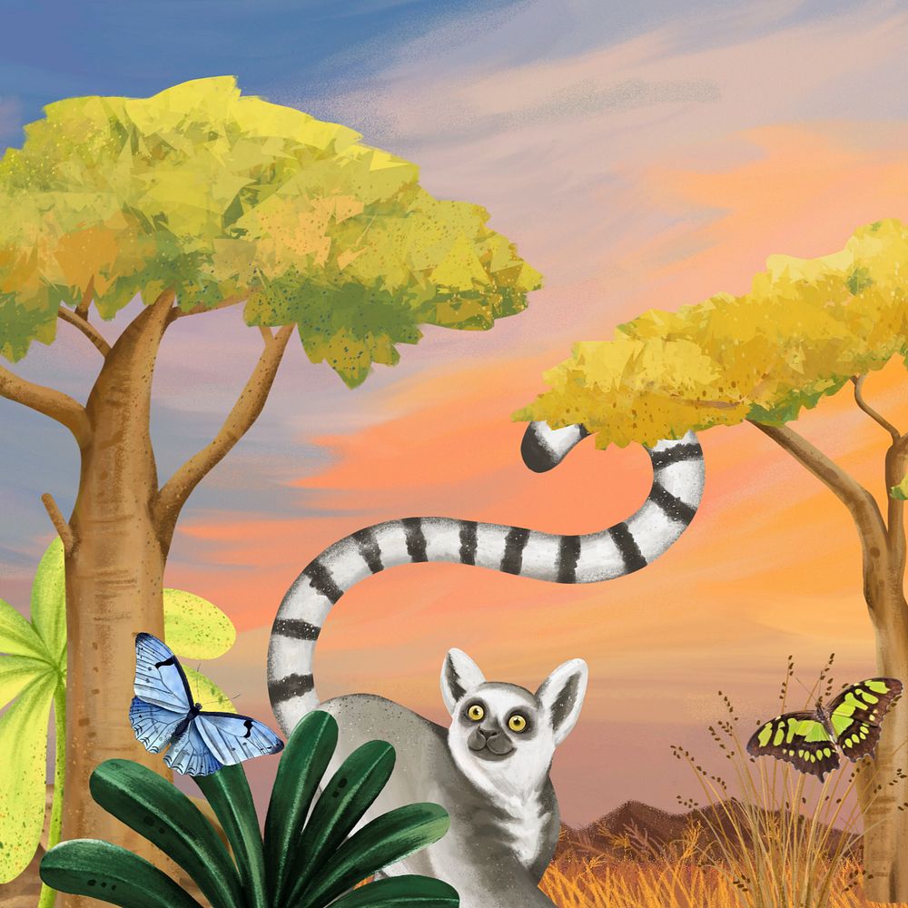 Cute lemur wildlife background, botanical illustration