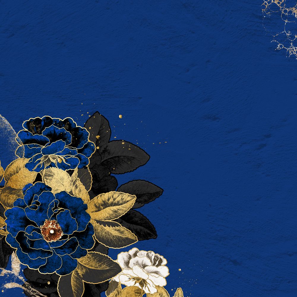 Blue background, editable gold flower border, remixed by rawpixel