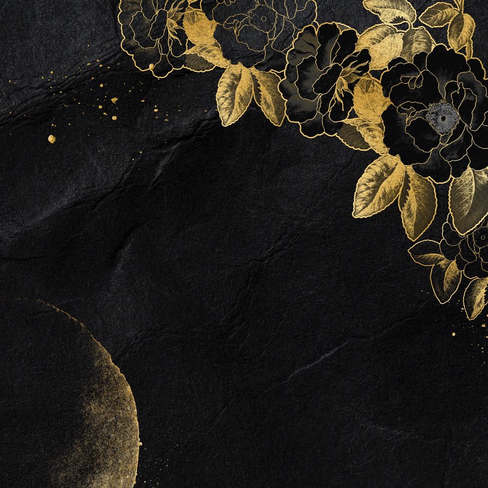 Gold rose border, editable black background, remixed by rawpixel