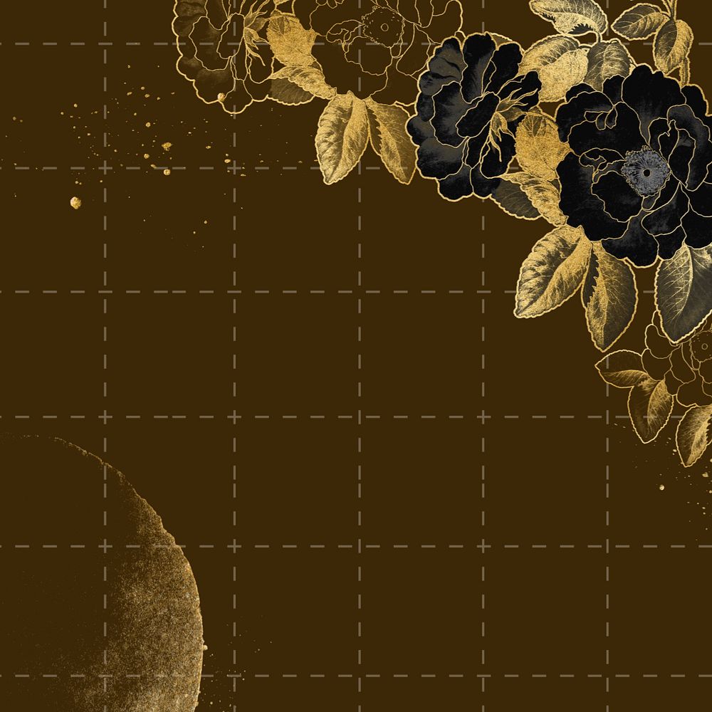 Editable brown grid background, gold rose border, remixed by rawpixel