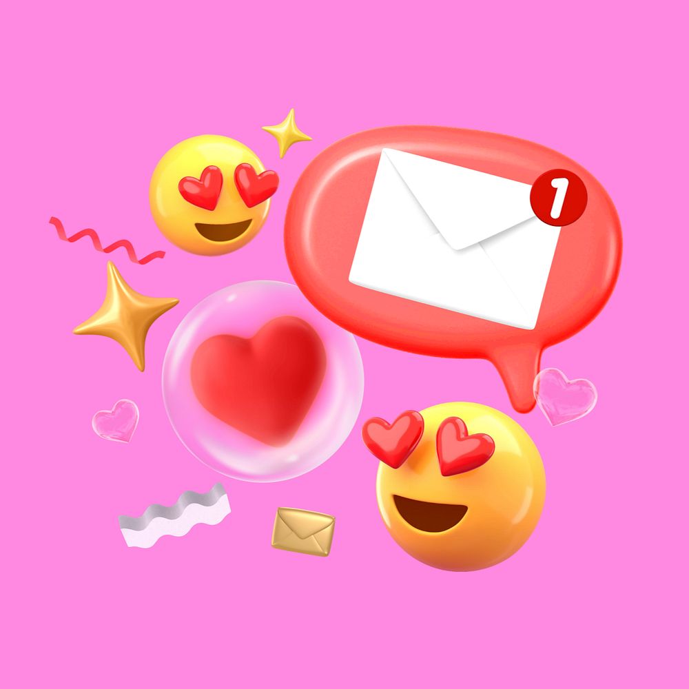 Love messages emoticons, 3D rendering graphic, editable design