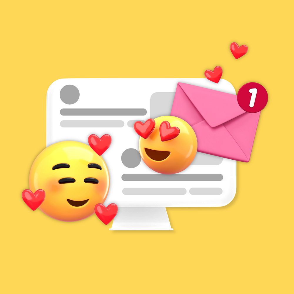 Love messages on computer, 3D emoticons, editable design