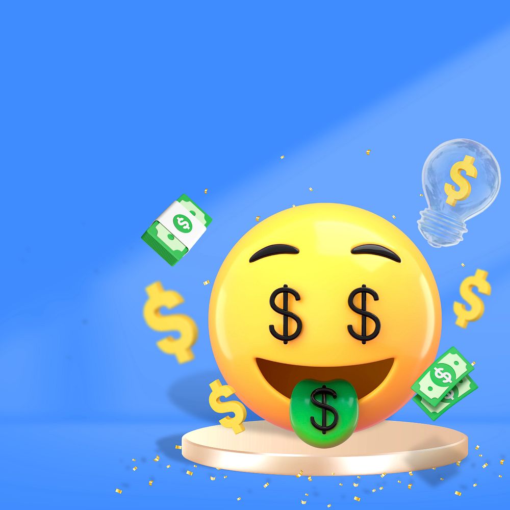 Money-mouth face 3D emoticon background, growing revenue business, editable design