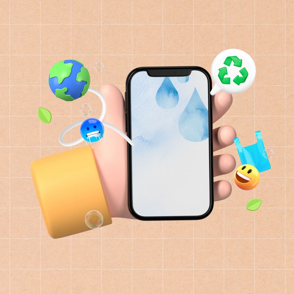 3D save water awareness, hand holding a phone illustration, editable design