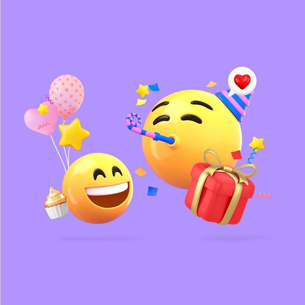 Birthday party emoticon, 3D rendering graphic, editable design