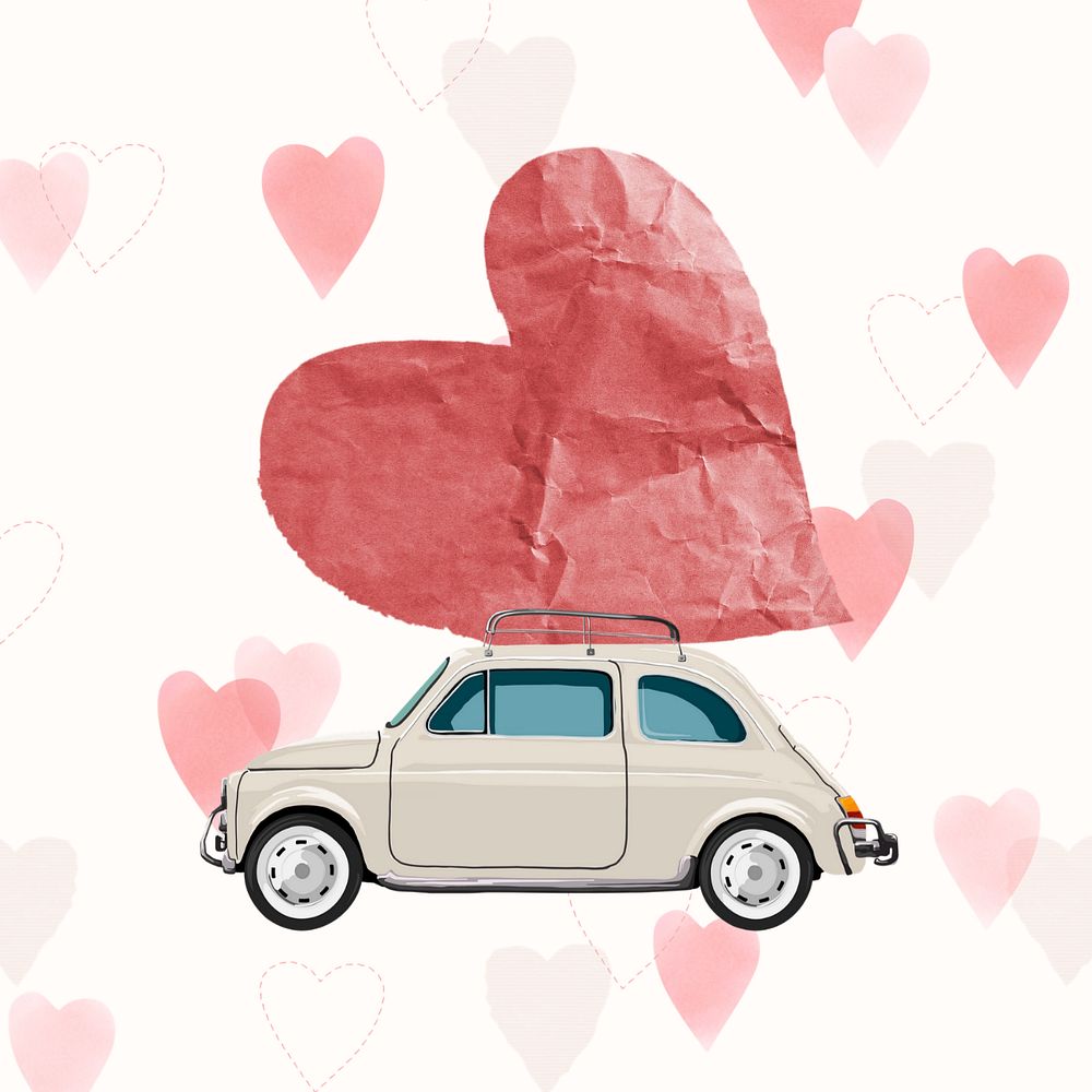 Cute Valentine's collage element, heart on car graphic, editable design