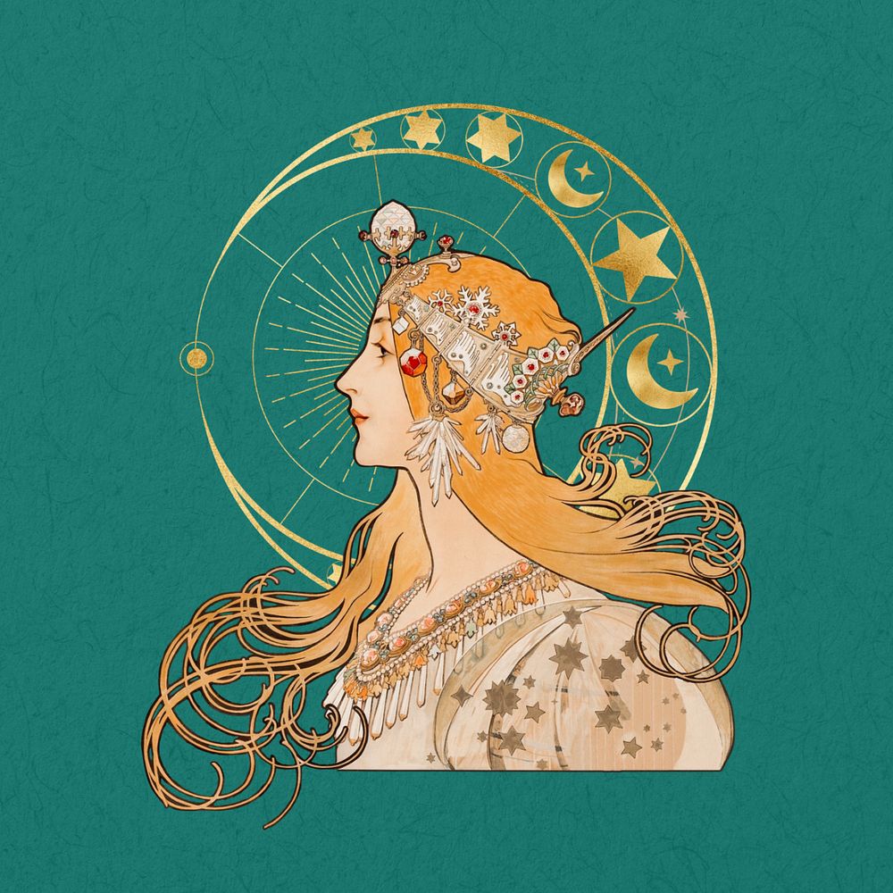 Alphonse Mucha's Zodiac, vintage woman, remixed by rawpixel, editable design