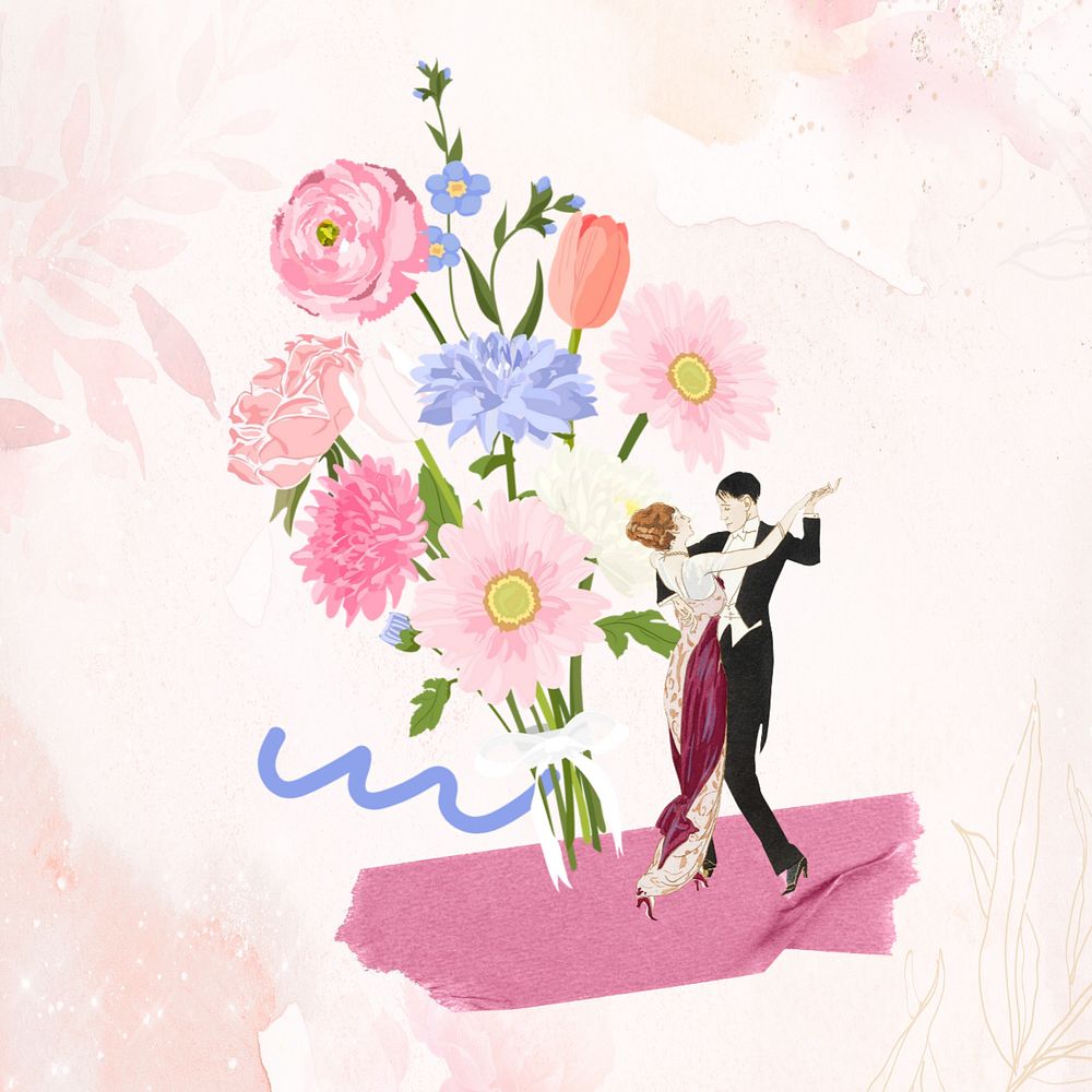 Aesthetic flower bouquet, couple dancing illustration, editable design