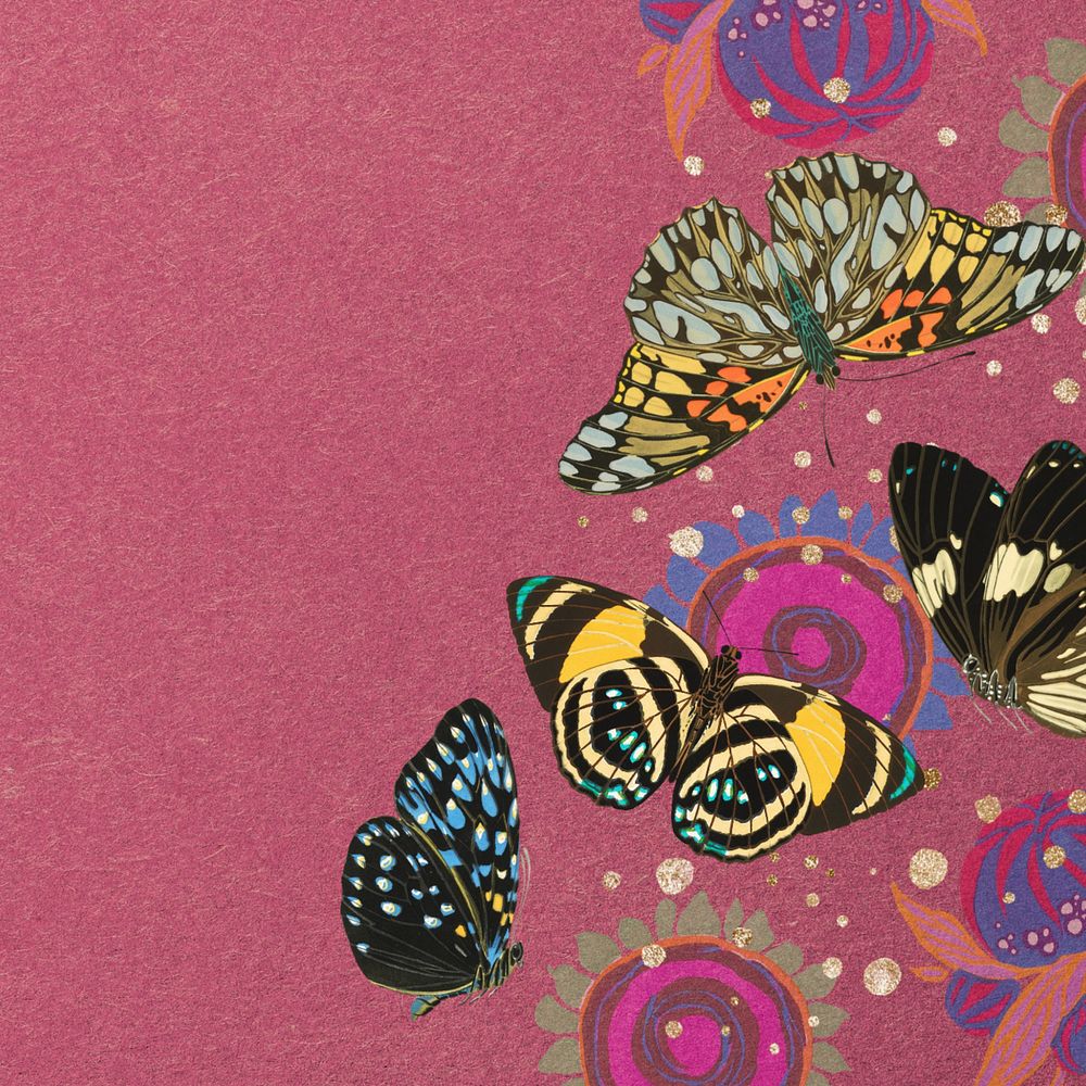 EA. Séguy's butterfly pink background, editable vintage border, remixed by rawpixel