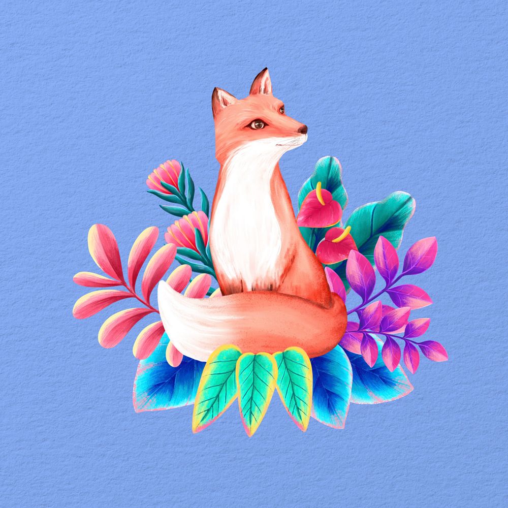 Cute fox illustration, blue floral design