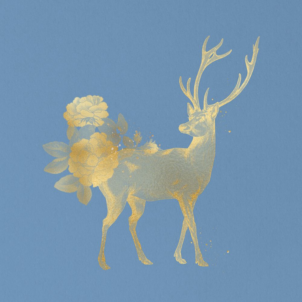 Gold stag, editable blue background, remixed by rawpixel