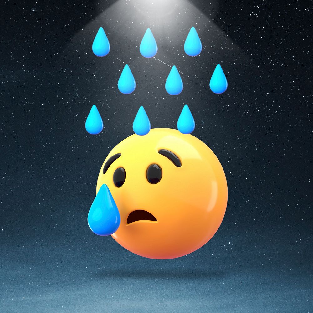 Raining crying emoticon, weather graphic, editable design