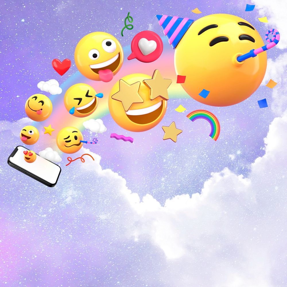 Aesthetic sky background, bursting party emoticons, editable design