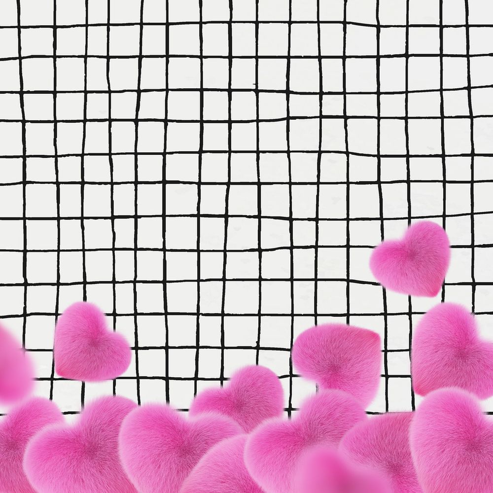 Distorted grid pattern background, furry hearts border, editable design