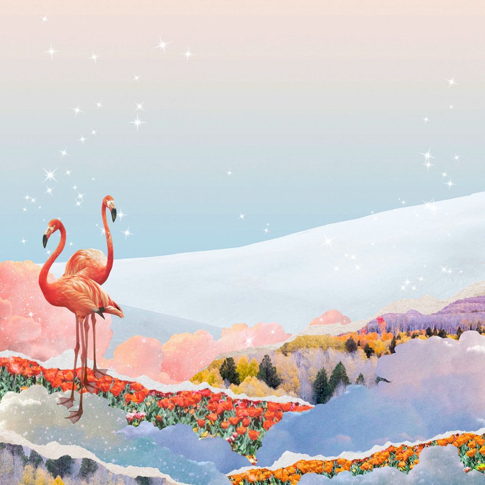 Dreamy flamingo background, surreal ripped paper border, editable design