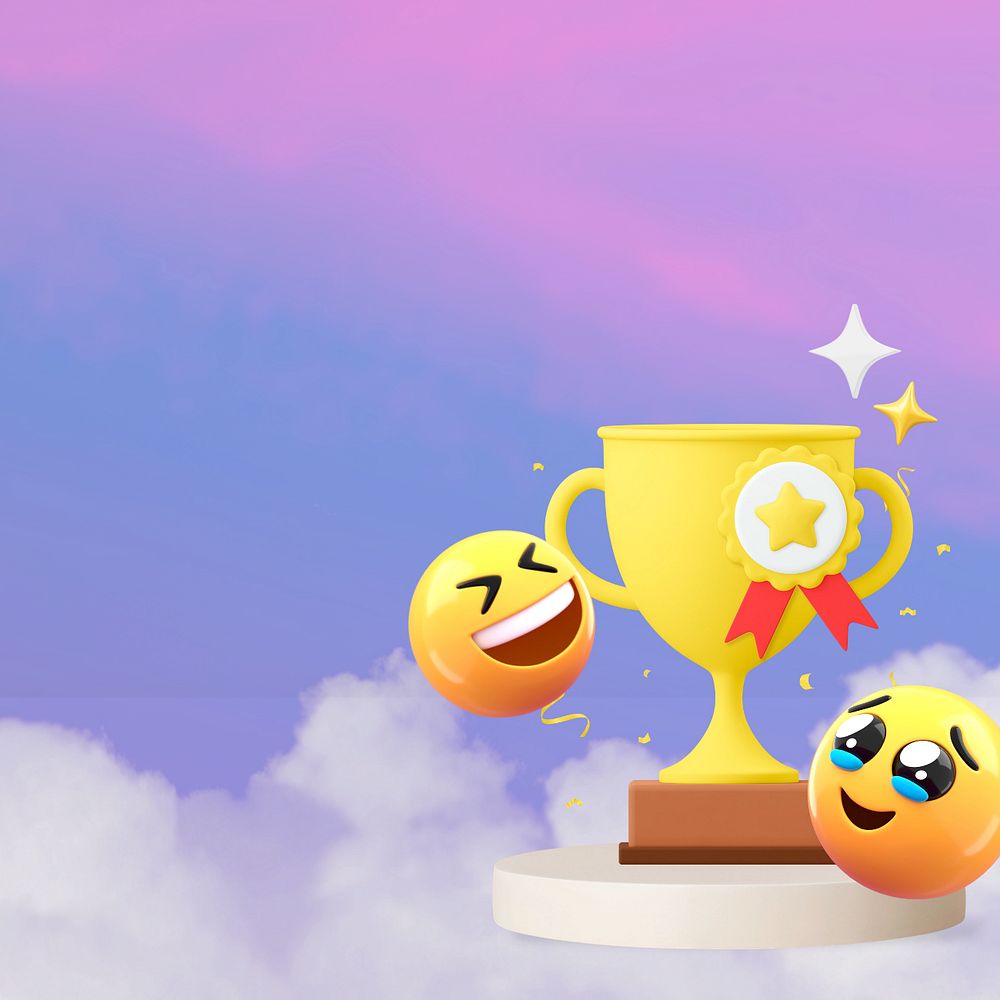 3D winning emoticon background, trophy illustration, editable design