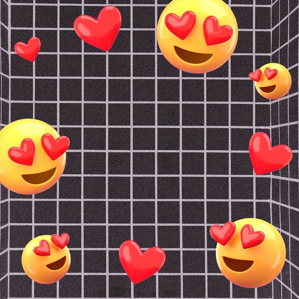 3D heart-eyes emoticons background, black grid pattern, editable design