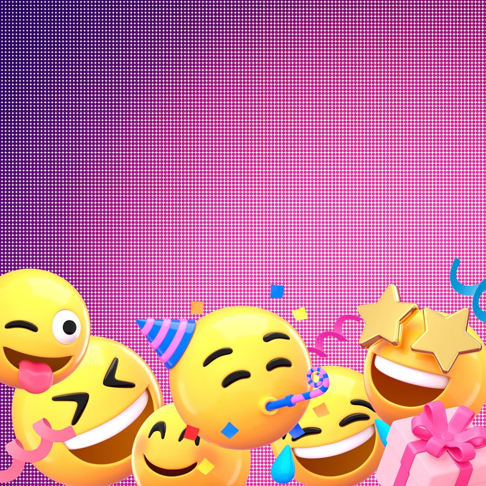 Pink grid background, 3D party emoticons border, editable design