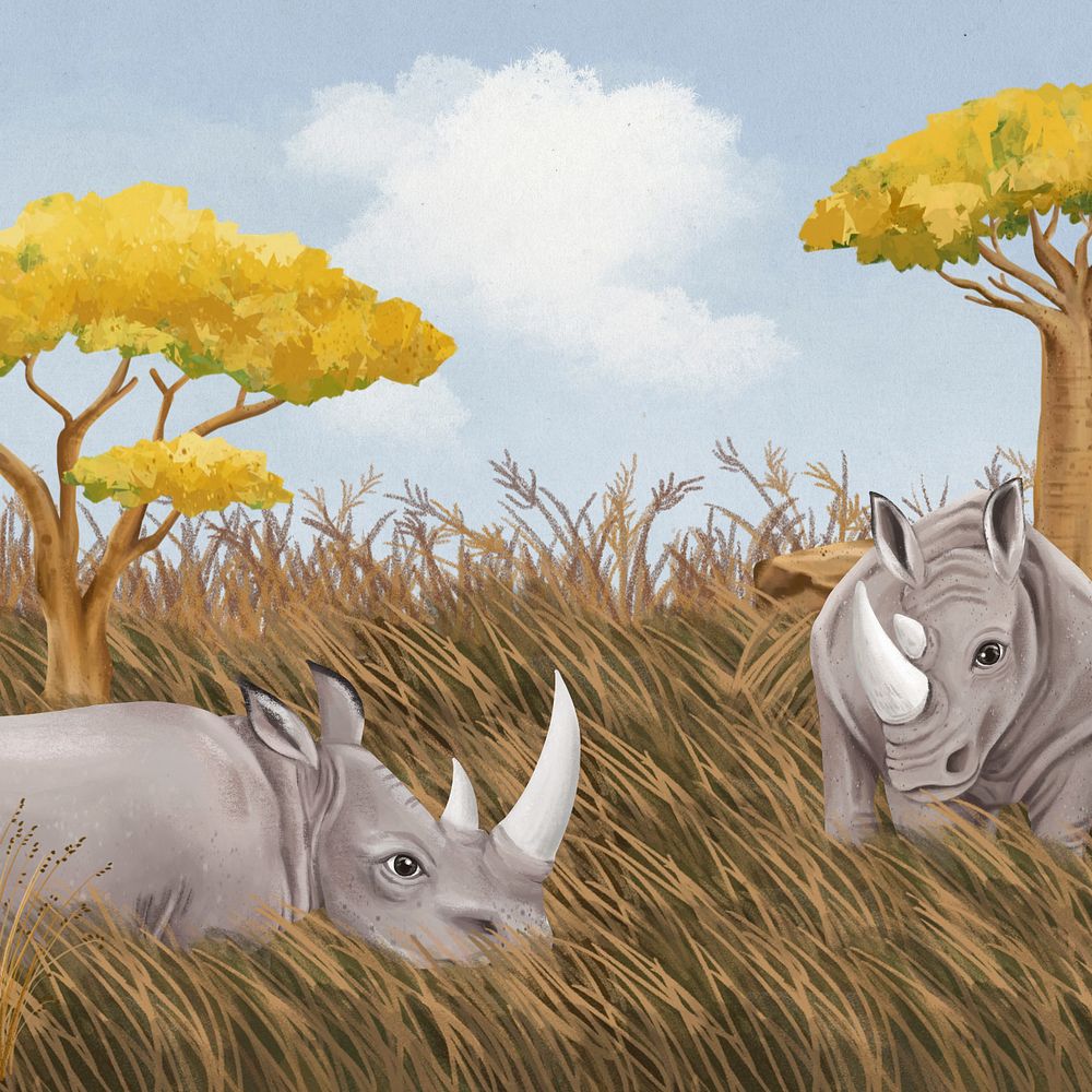 Wild rhino animal background, nature illustration