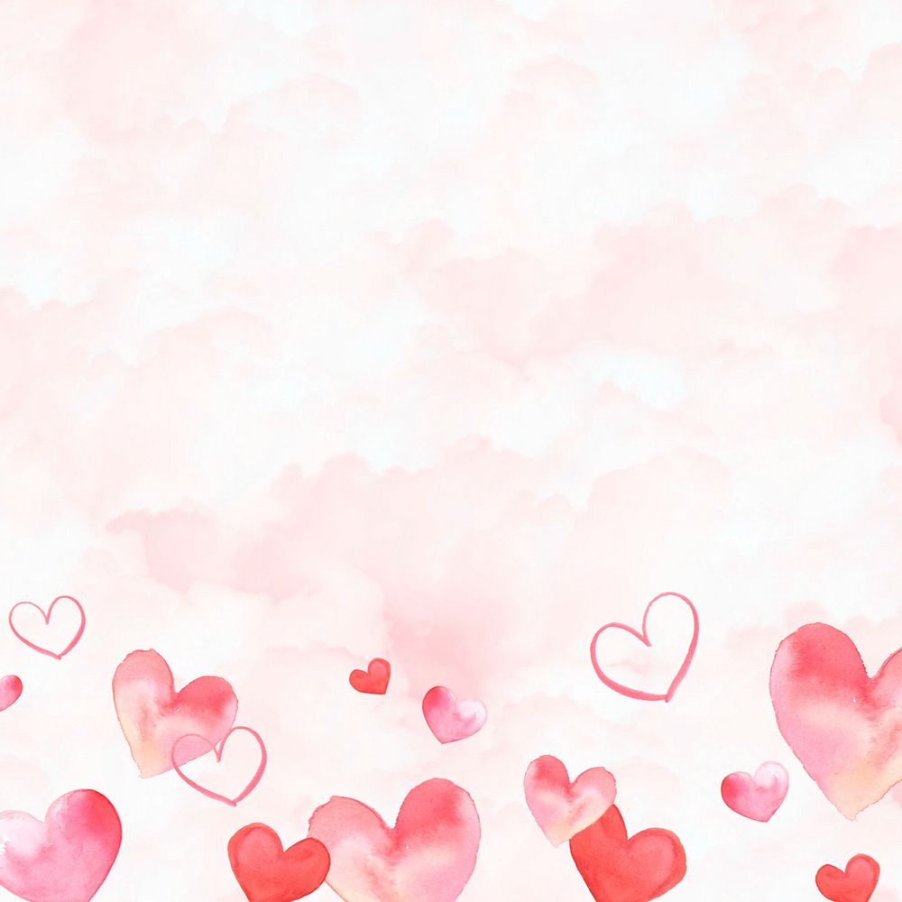 Pink clouds background, watercolor hearts border, editable design