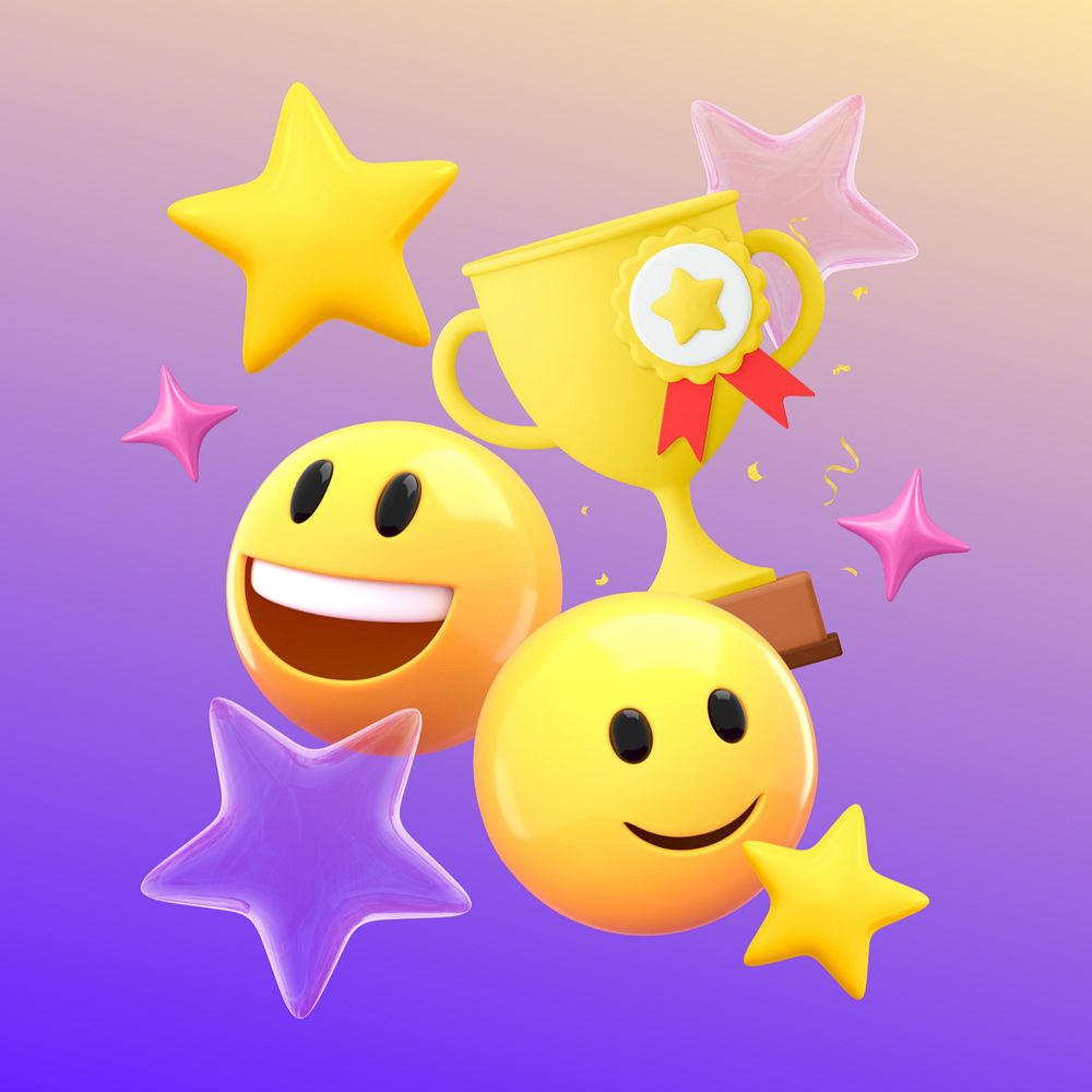 3D success emoticons, winner trophy illustration, editable design