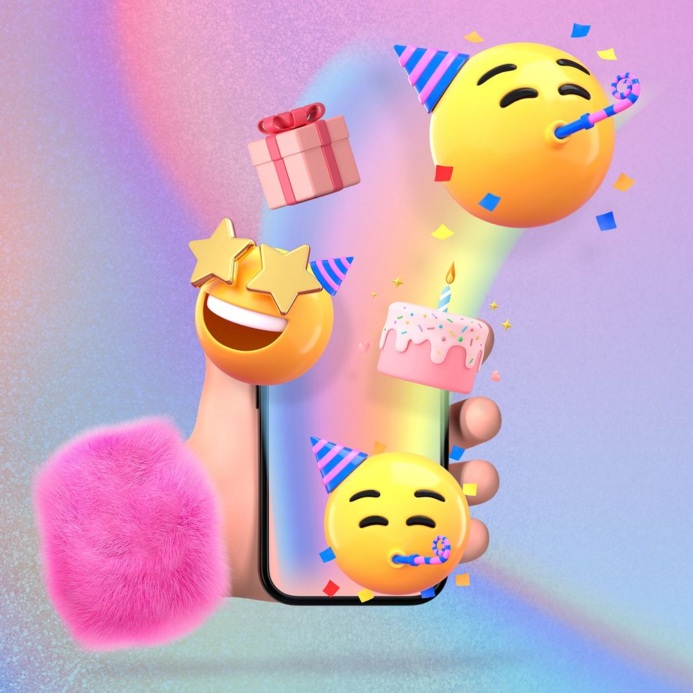 Birthday party emoticons, holography aesthetic, editable design