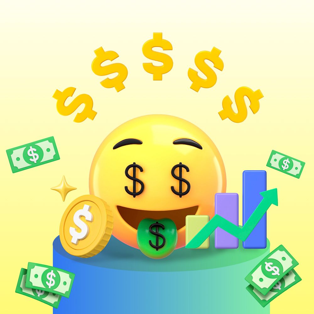 Money face 3D emoticon, growing revenue business, editable design