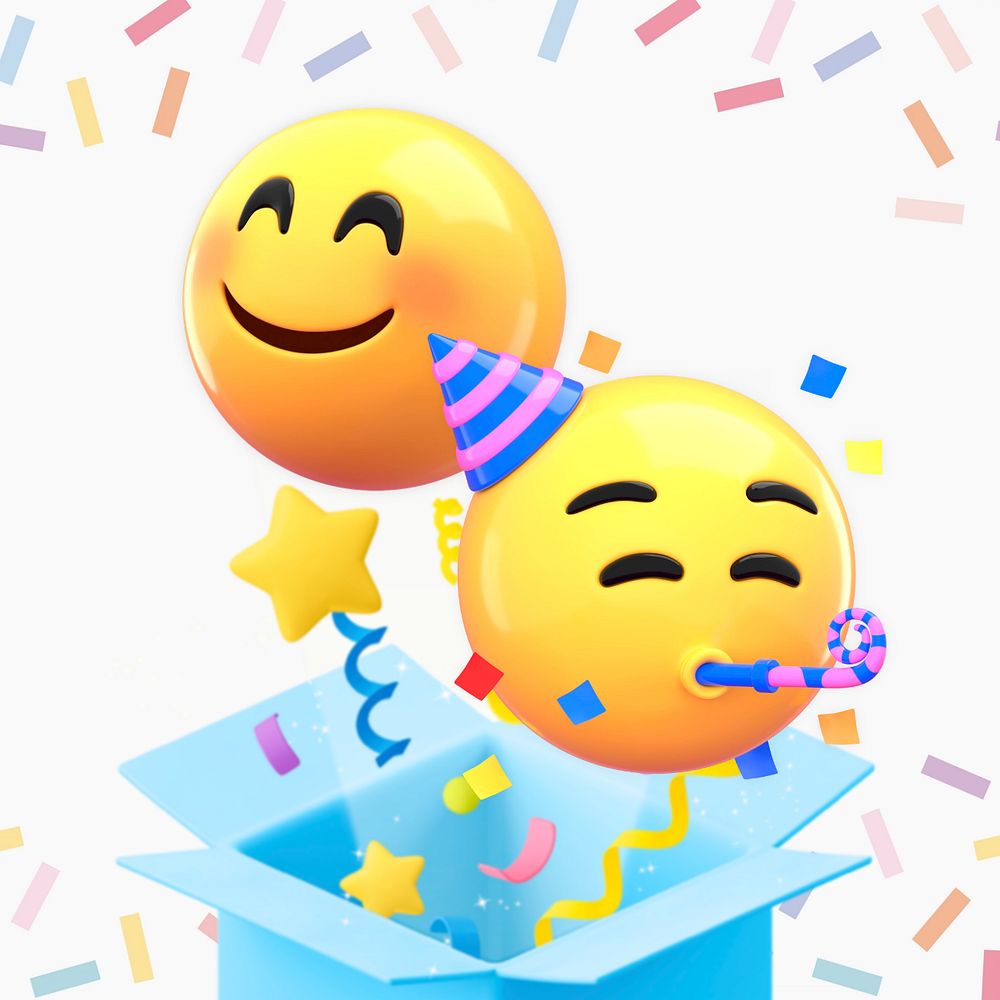 Birthday party emoticons, 3D confetti, editable design