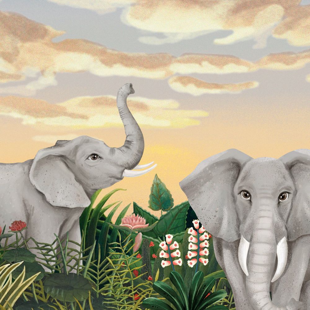 Wild elephants background, animal illustration