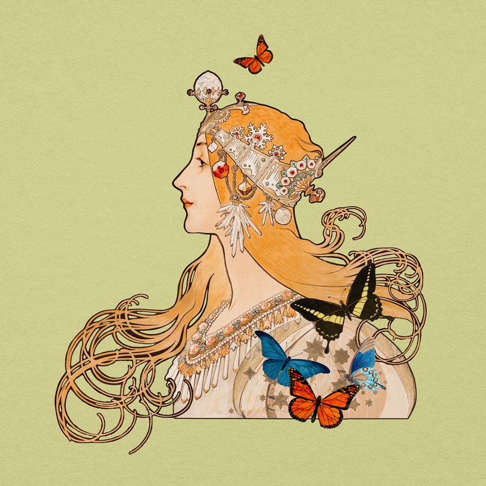 Alphonse Mucha's Zodiac, vintage woman illustration, remixed by rawpixel, editable design