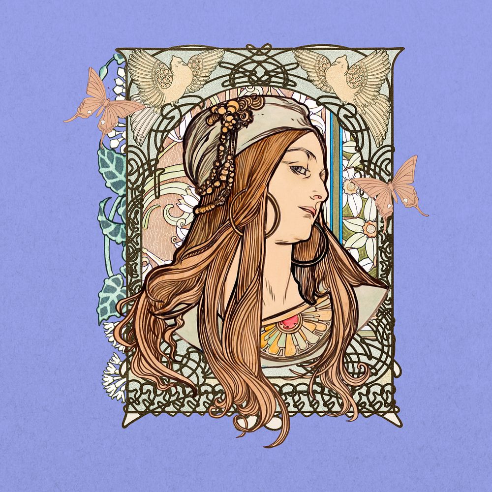 Art nouveau lady sticker, Alphonse Mucha's vintage artwork, remixed by rawpixel, editable design