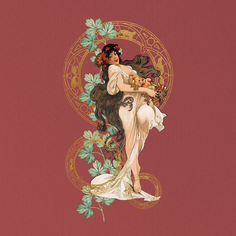 Vintage floral woman sticker, remixed from the artwork of Alphonse Mucha, editable design