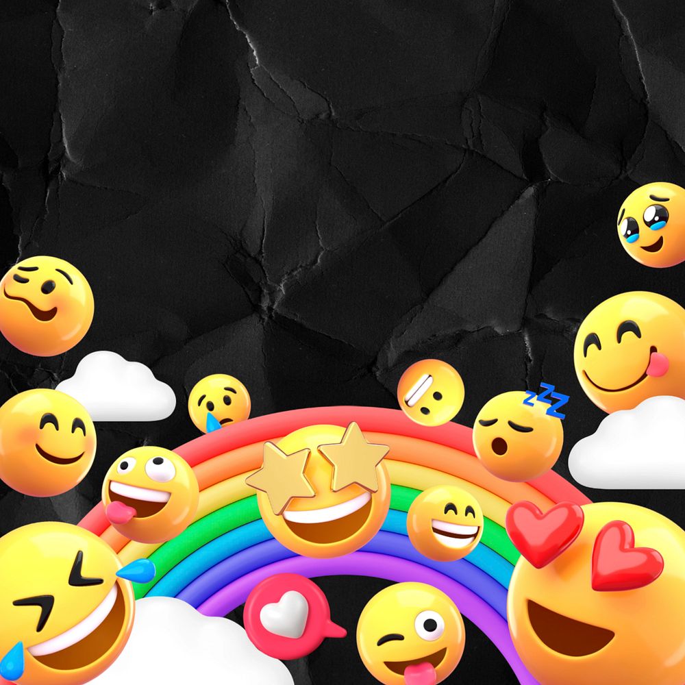 Black paper texture background, 3D emoticons border, editable design