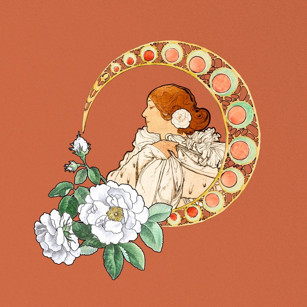 Art nouveau lady sticker, floral design, remixed by rawpixel, editable design