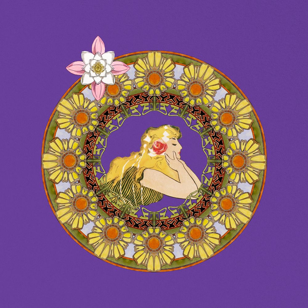 Alphonse Mucha's lady sticker, ornament, art nouveau illustration, remixed by rawpixel, editable design