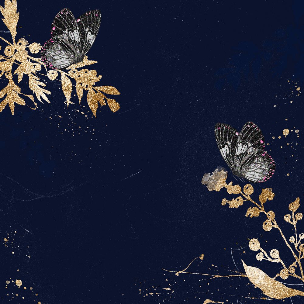 Blue aesthetic butterfly background, editable gold glittery design