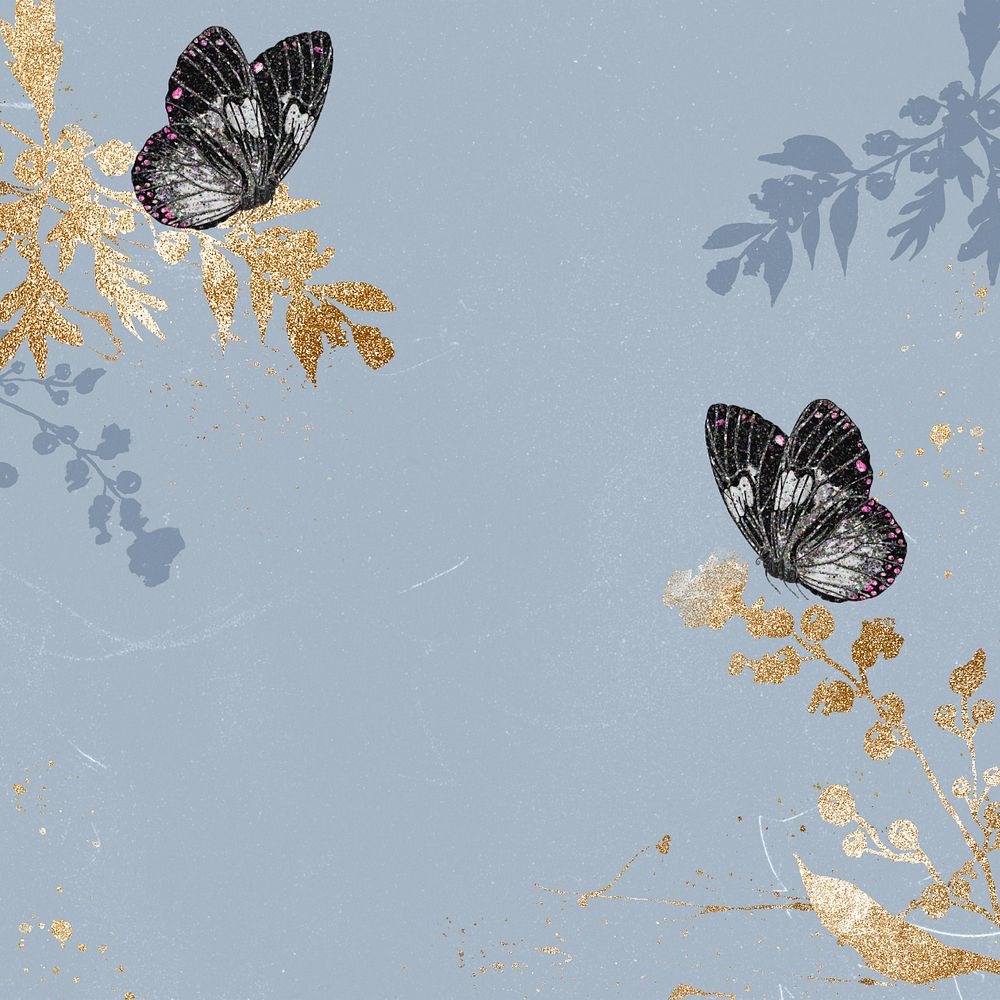 Blue aesthetic butterfly background, editable gold glittery design