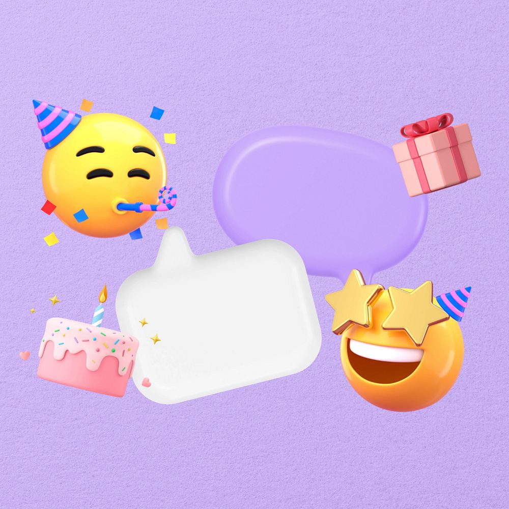 Party emoticons, 3D speech bubbles, editable design