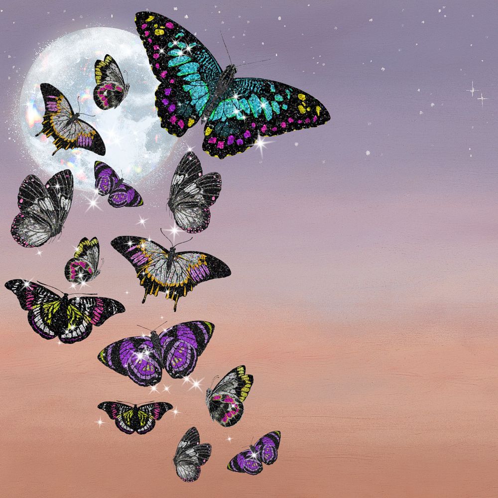 Dreamy butterflies background, editable full moon surreal design