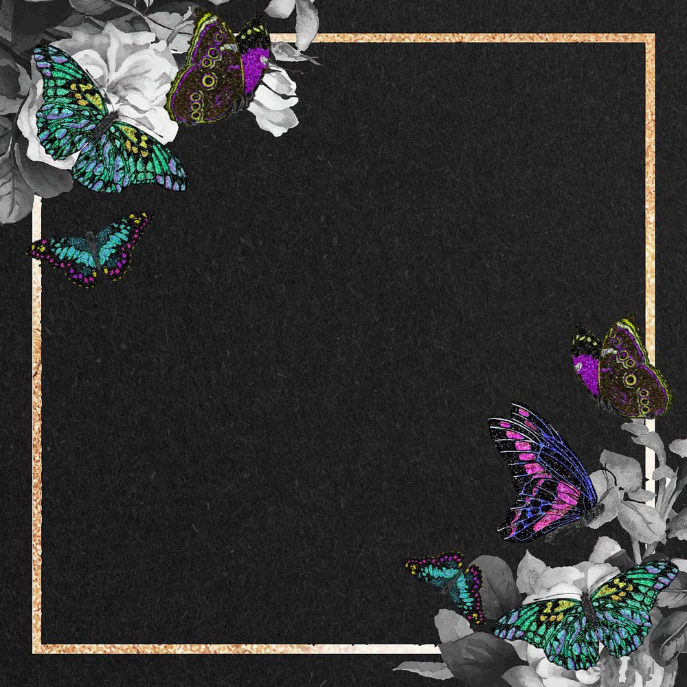 Butterfly frame, black background, editable gold frame, remixed from the artwork of E.A. Séguy.