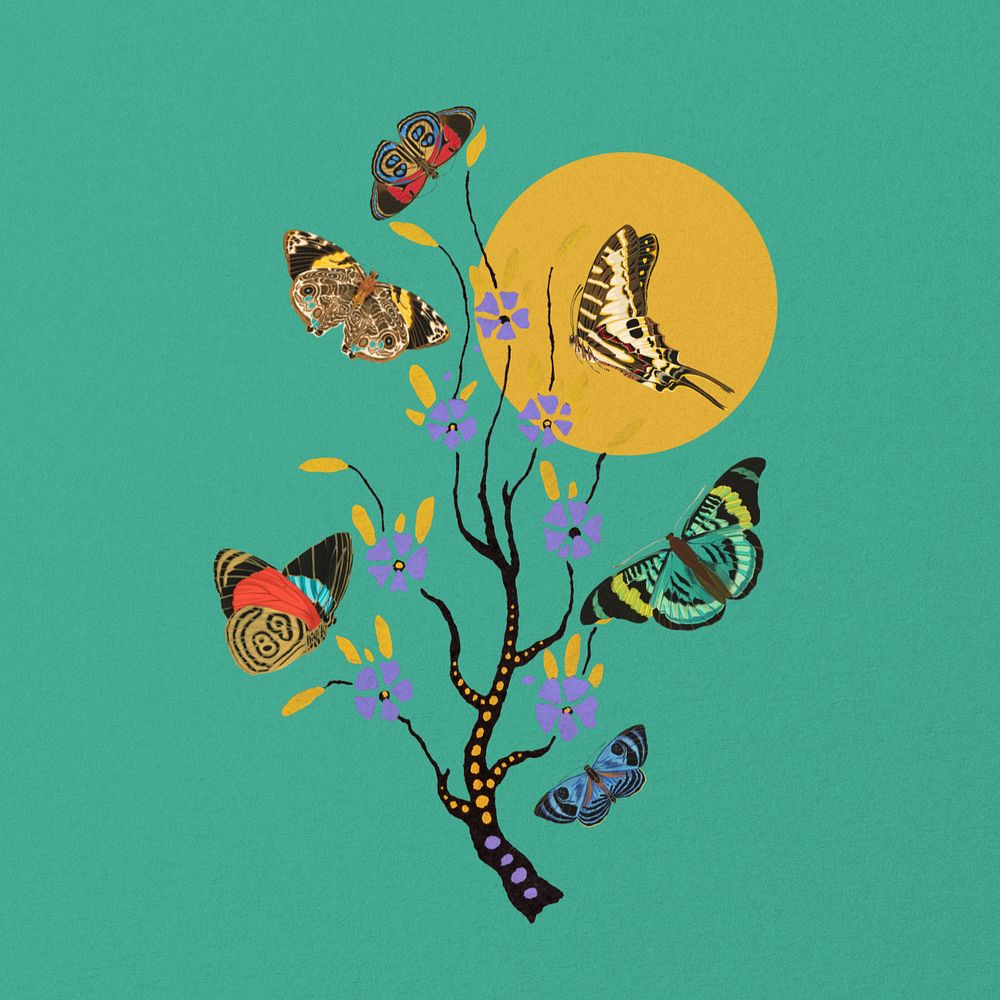 Botanical butterfly clipart, tree branch remix by rawpixel