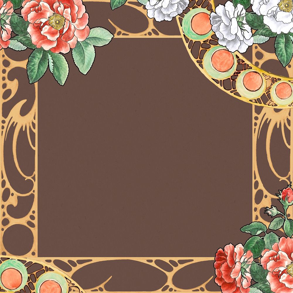 Brown background, editable roses frame drawing design, remixed by rawpixel