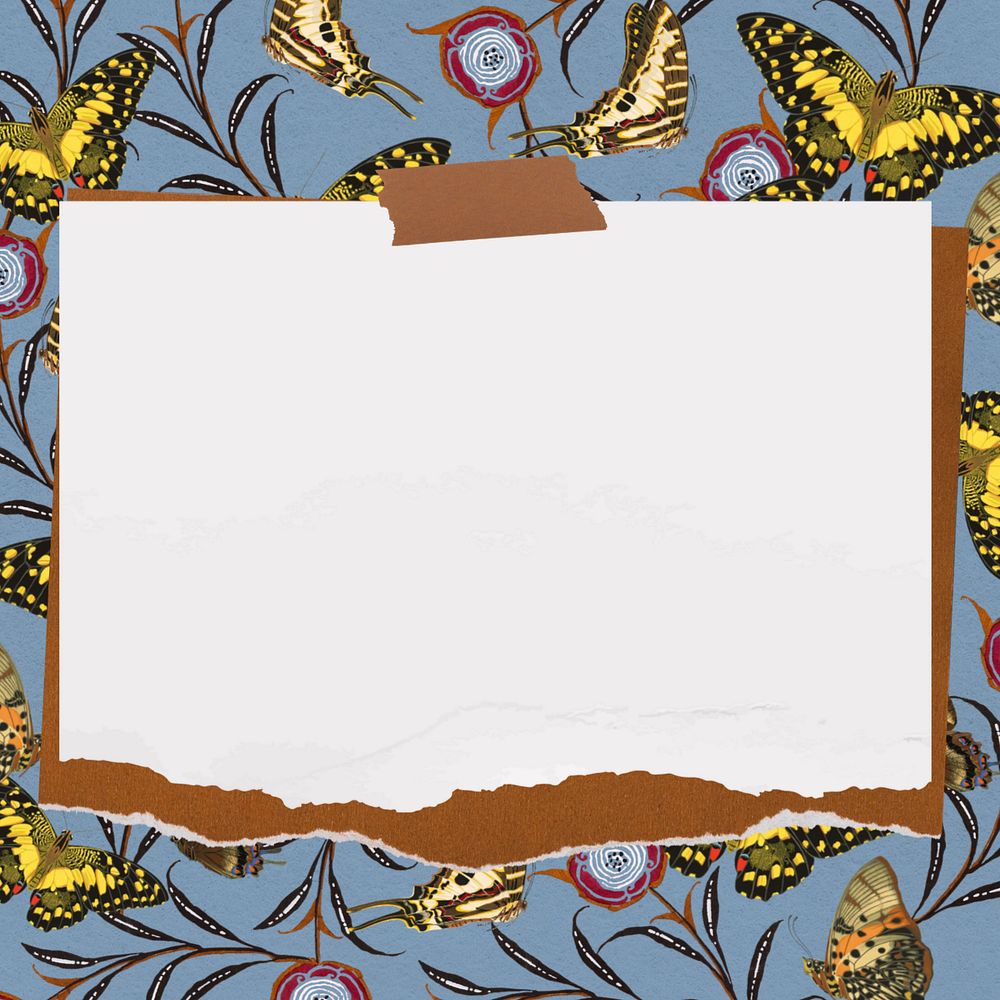 Ripped note paper background, editable E.A. Séguy's butterfly pattern, remixed by rawpixel
