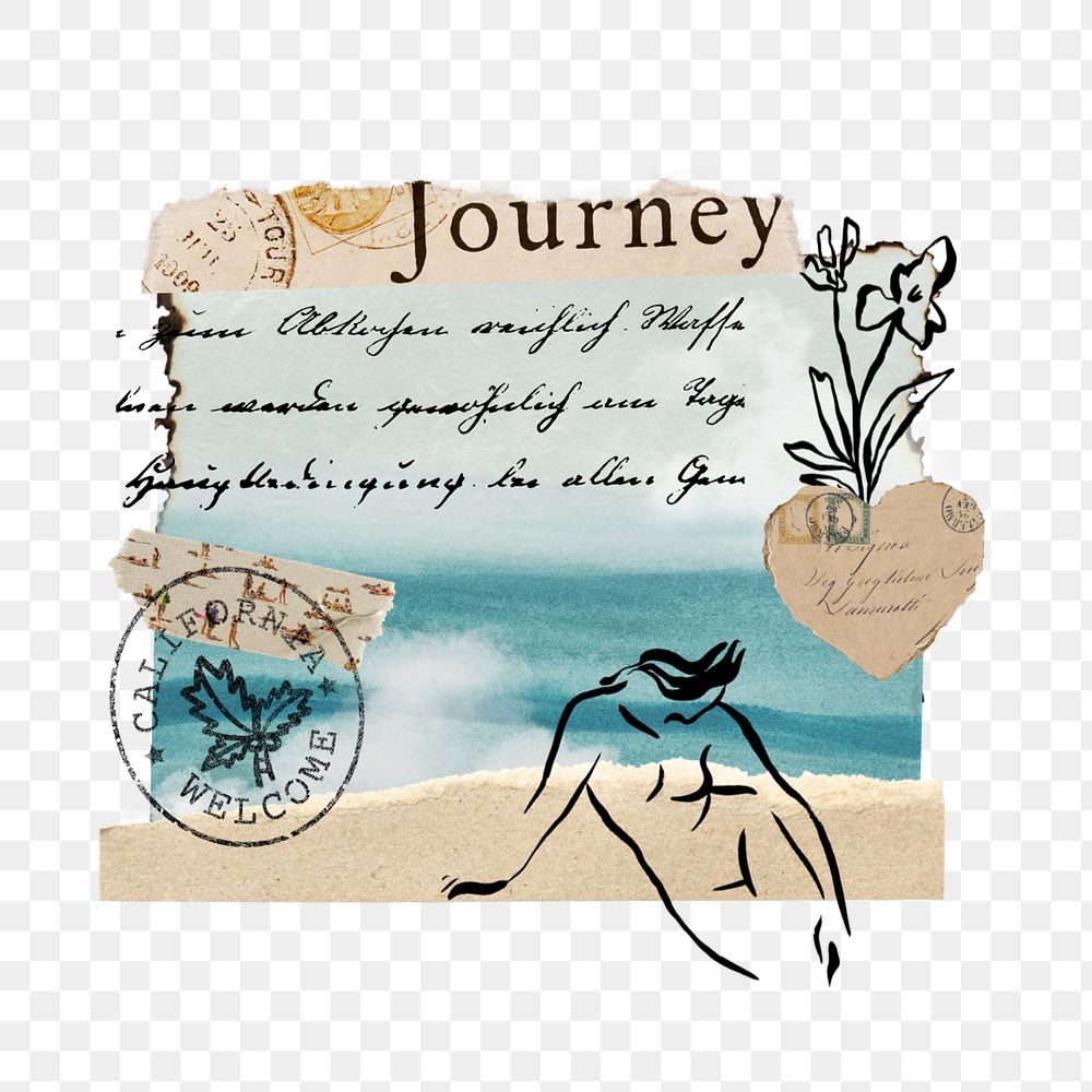 Beach travel png sticker, mixed media editable design