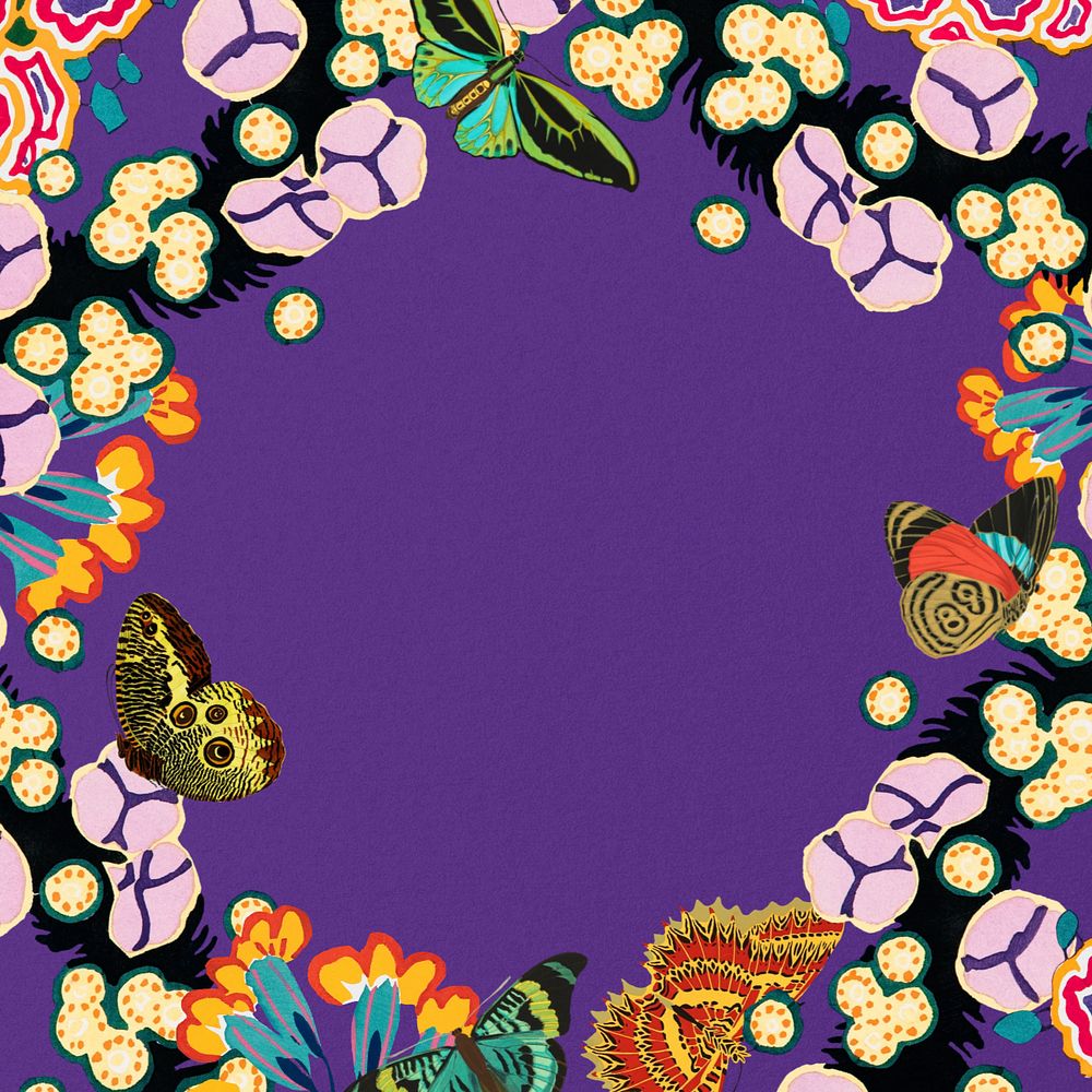 Butterfly flower frame background, editable purple design, remixed from the artwork of E.A. Séguy