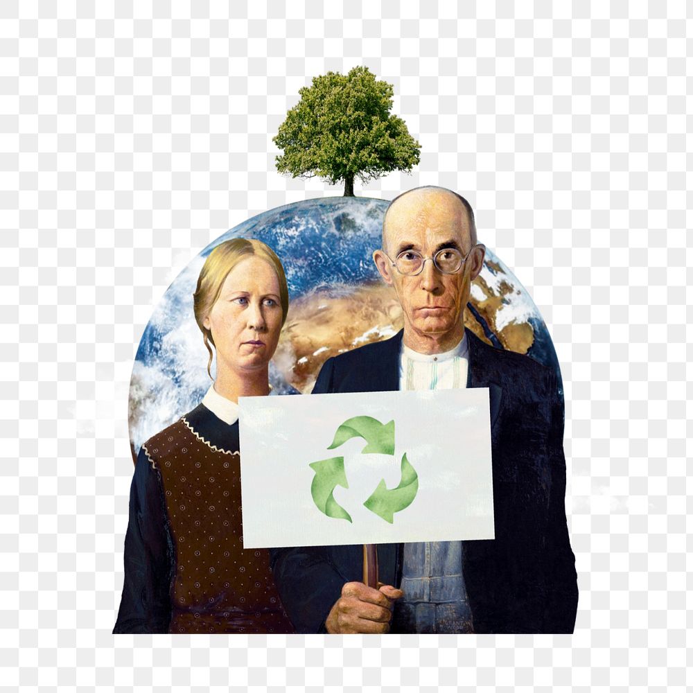 Save Earth png sticker, Grant Wood's American Gothic mixed media editable design. Remixed by rawpixel.