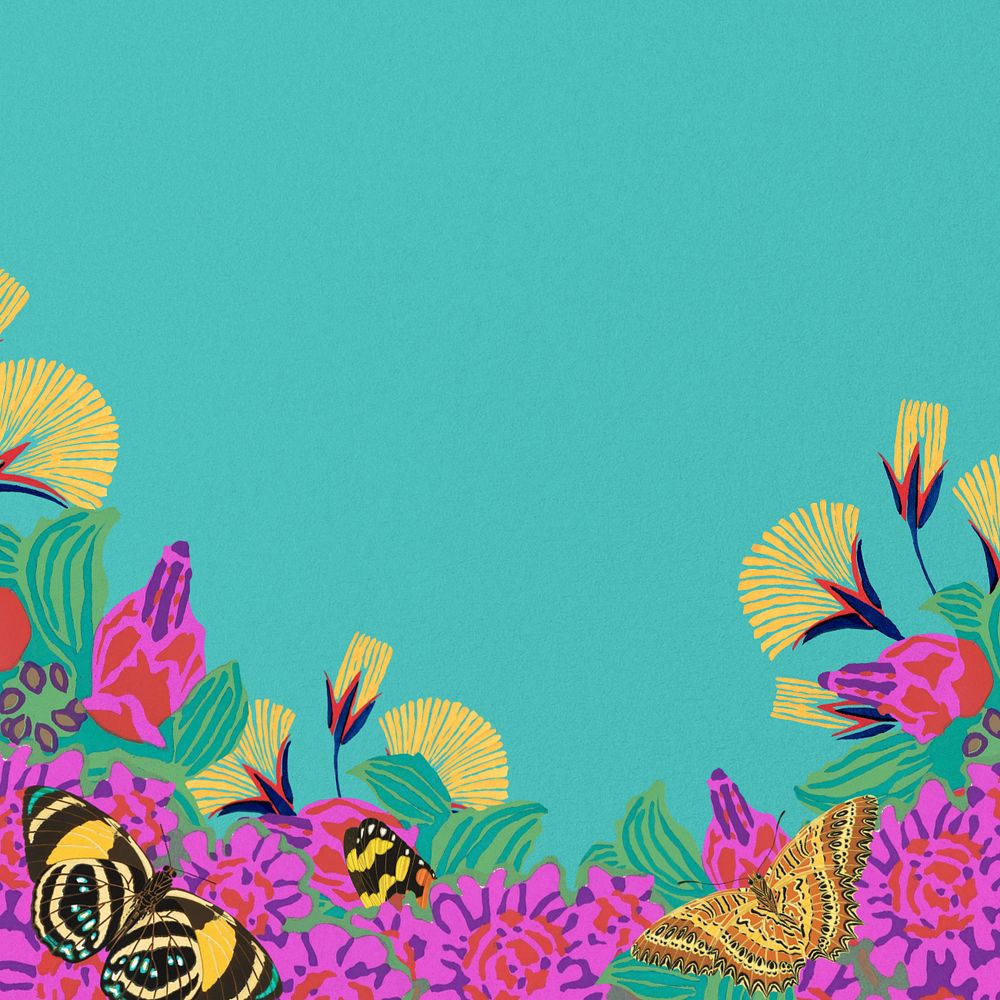 Butterfly flower background, editable teal colorful design, remixed from the artwork of E.A. Séguy