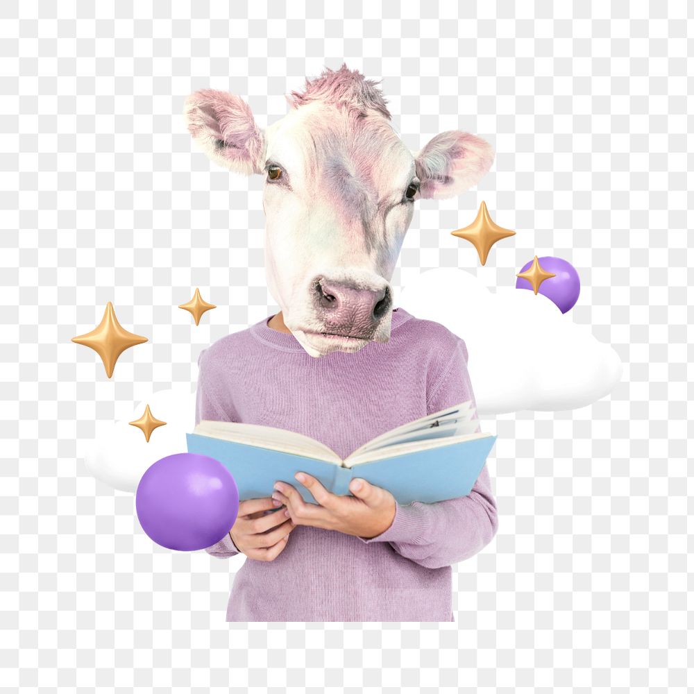 Cow reading png sticker, mixed media editable design