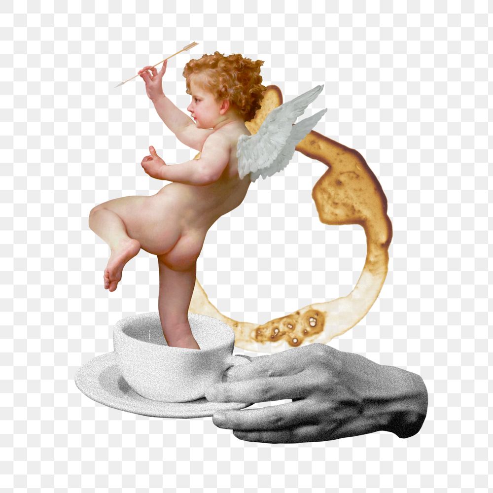 Coffee cherub png sticker, mixed media editable design. Remixed by rawpixel.