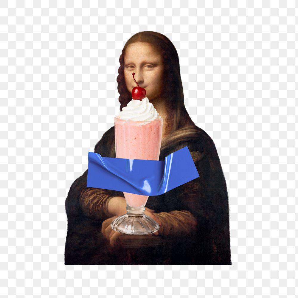 Milkshake Mona Lisa png sticker, Leonardo da Vinci's artwork mixed media editable design. Remixed by rawpixel.